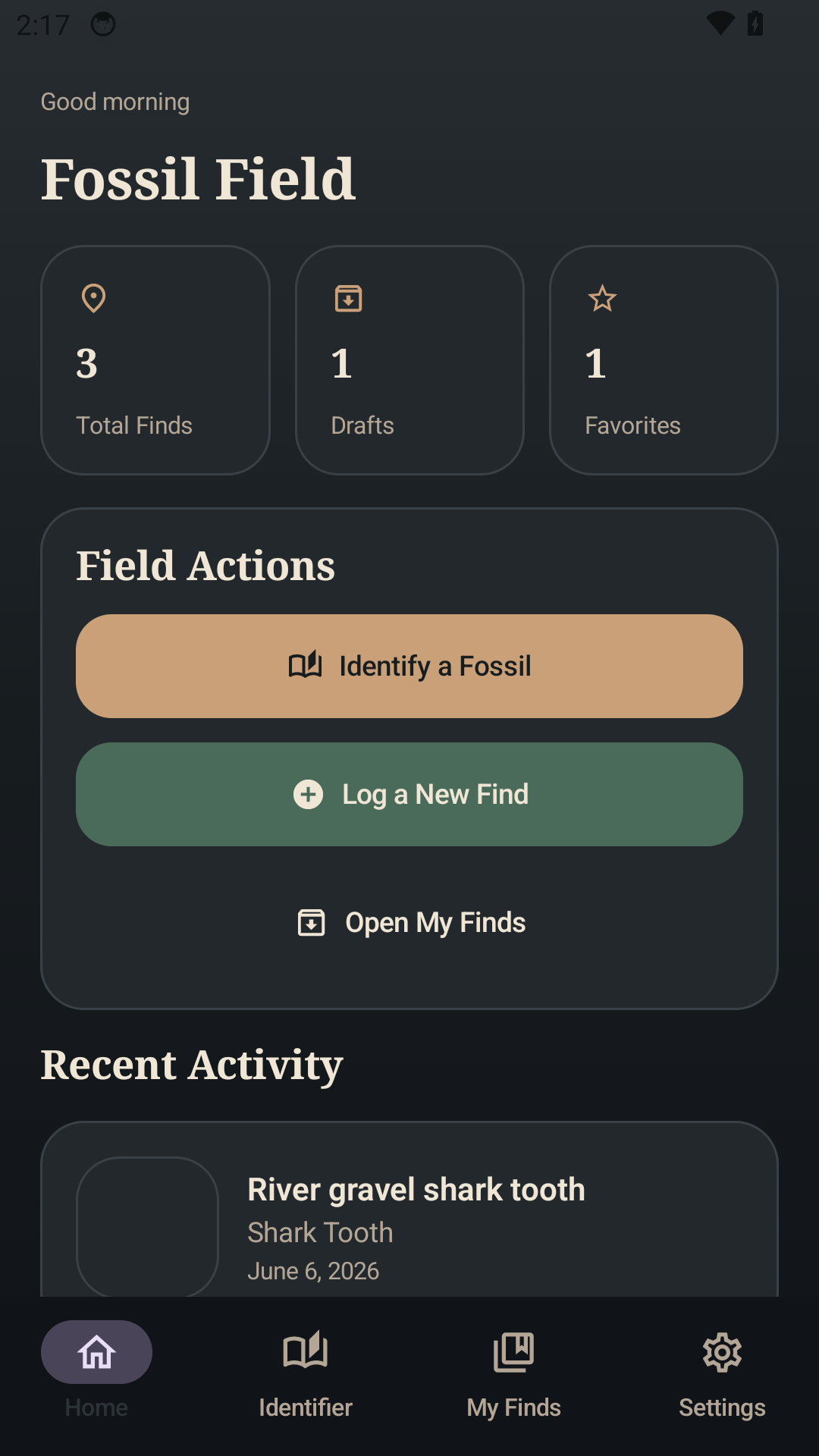 Fossil Field home dashboard